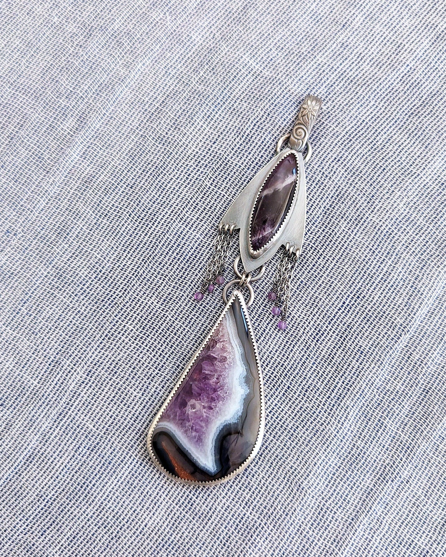 Banded amethyst marquis pendant in oxidized sterling silver