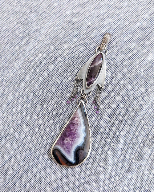 Banded amethyst marquis pendant in oxidized sterling silver