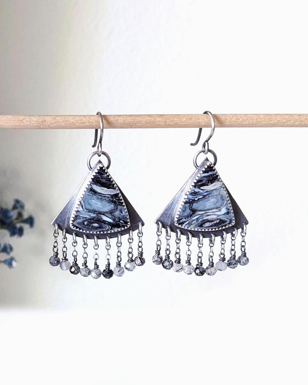 Palm root and black rutile quartz earrings in oxidized sterling silver