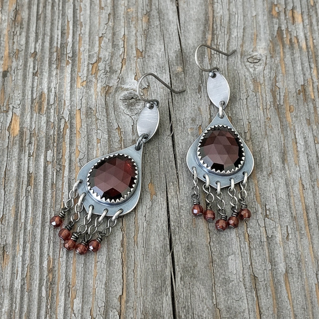Boho luxe garnet earrings with faceted cube gemstone fringe