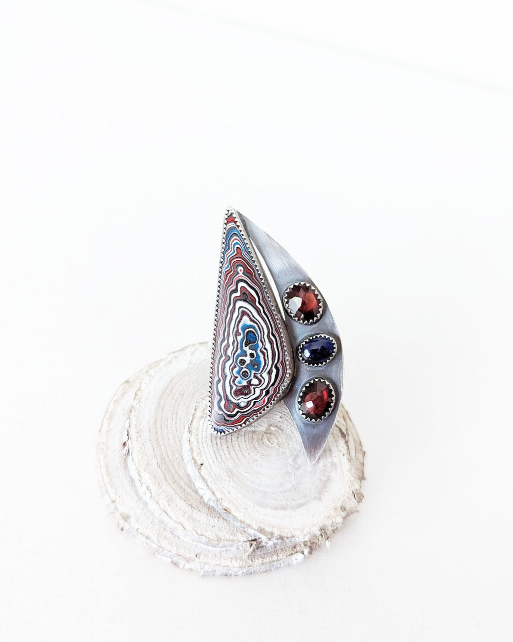 One of a kind upcycled Fordite jewelry ring handcrafted in silve