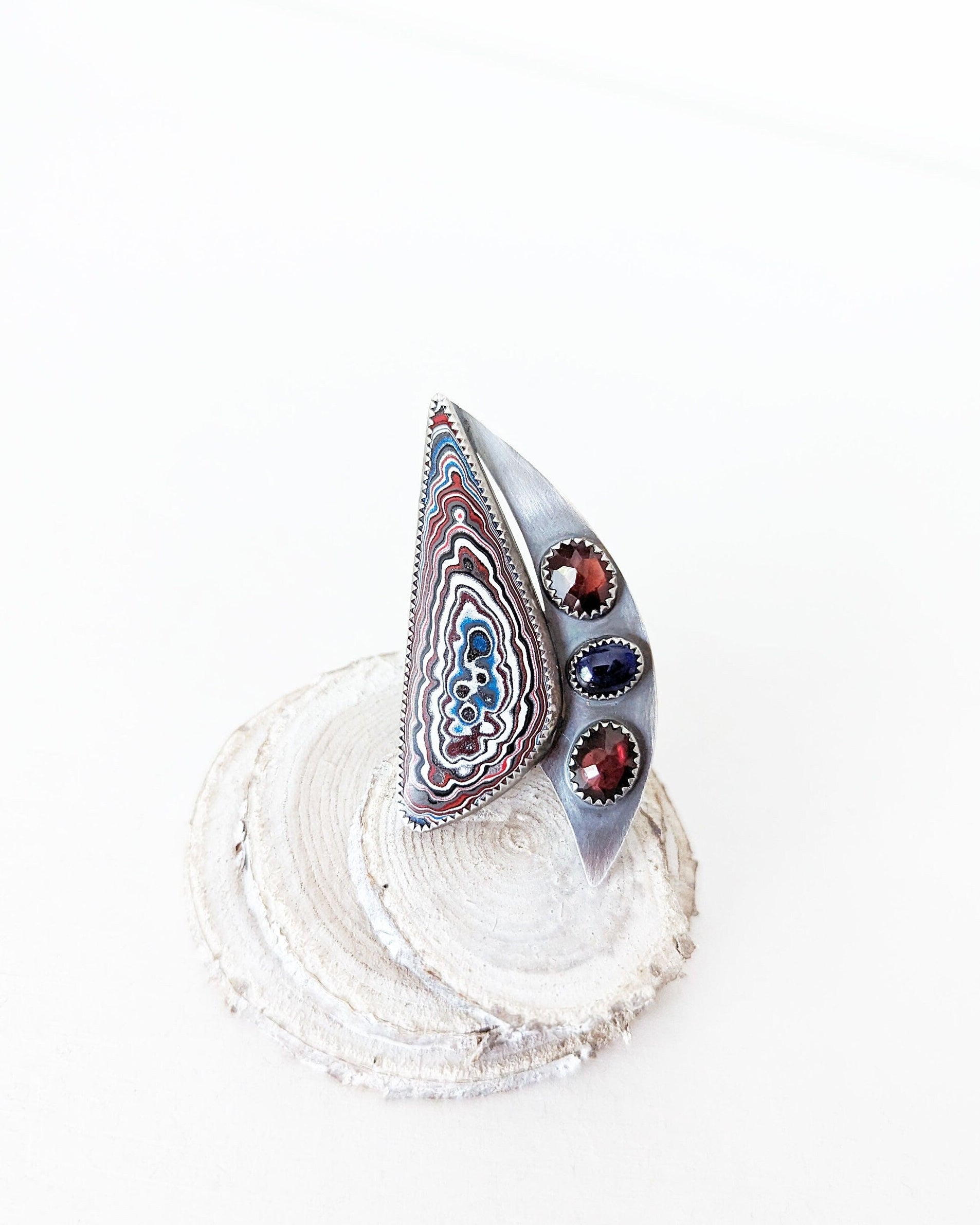 One of a kind upcycled Fordite jewelry ring handcrafted in silve