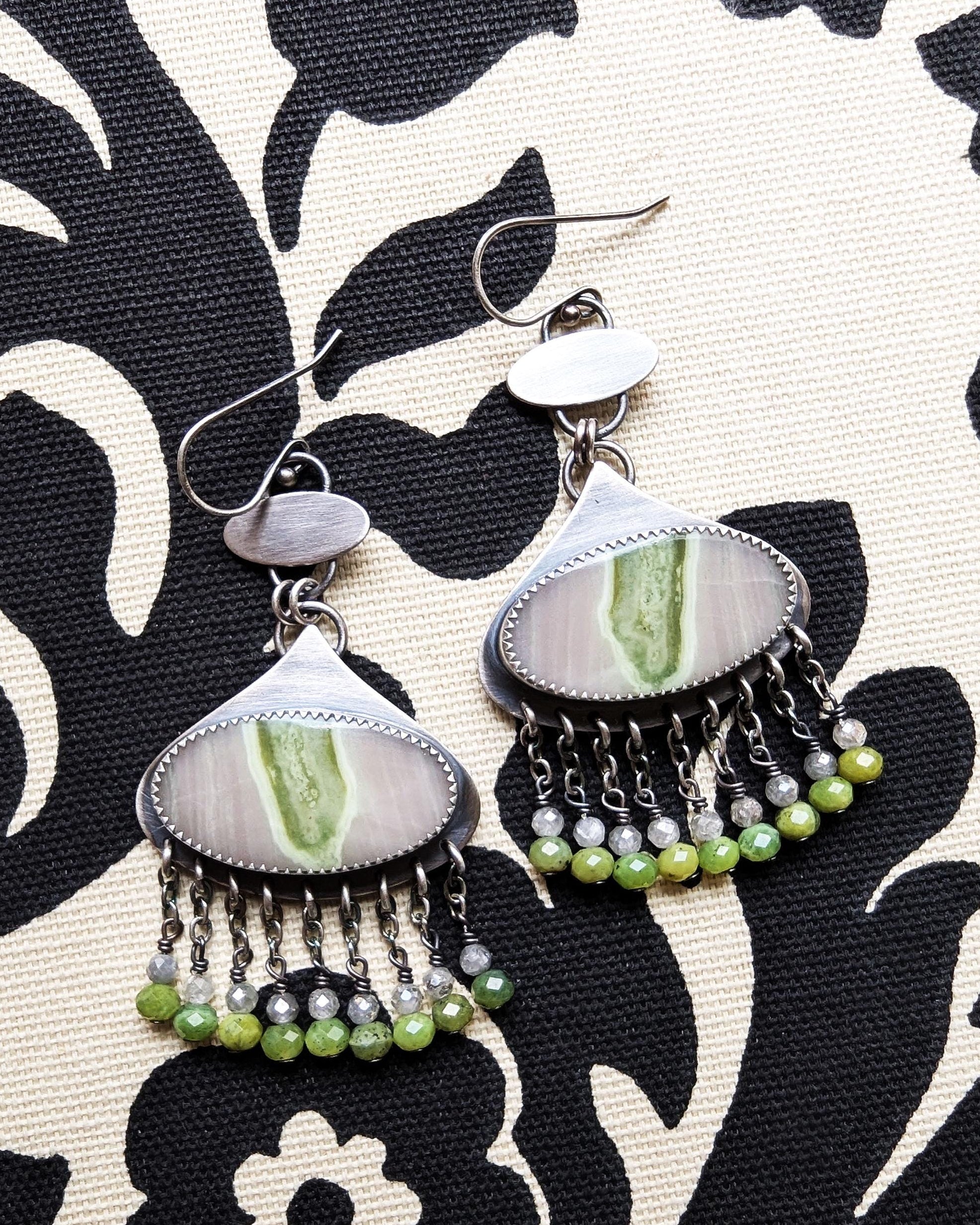 Horizontal oval gemstone drops in oxidized sterling silver