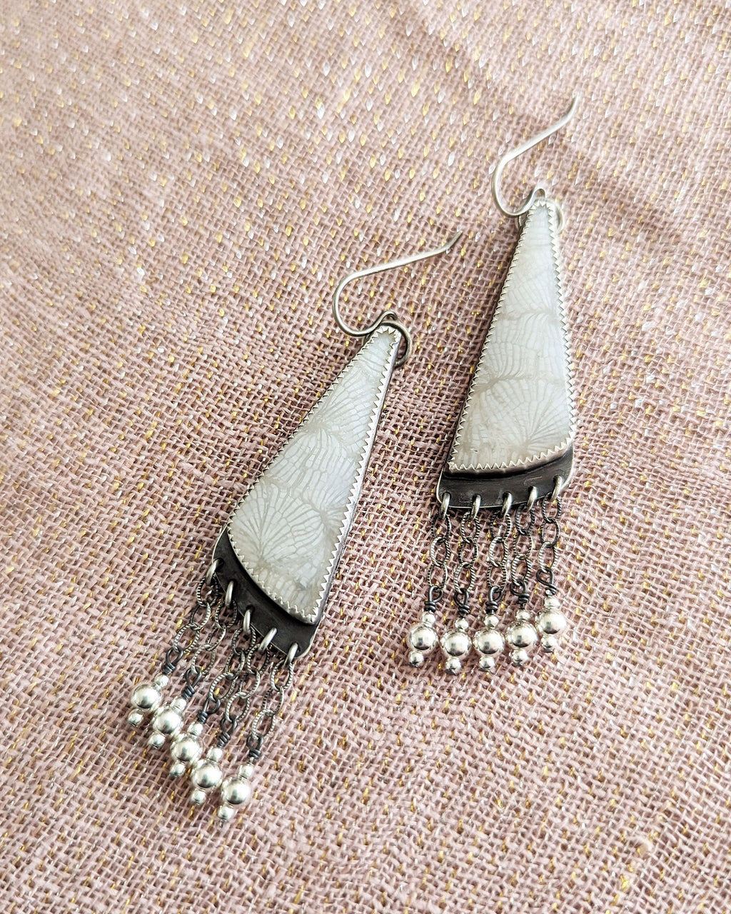 Minimalist coral stone earrings with sterling chain fringe