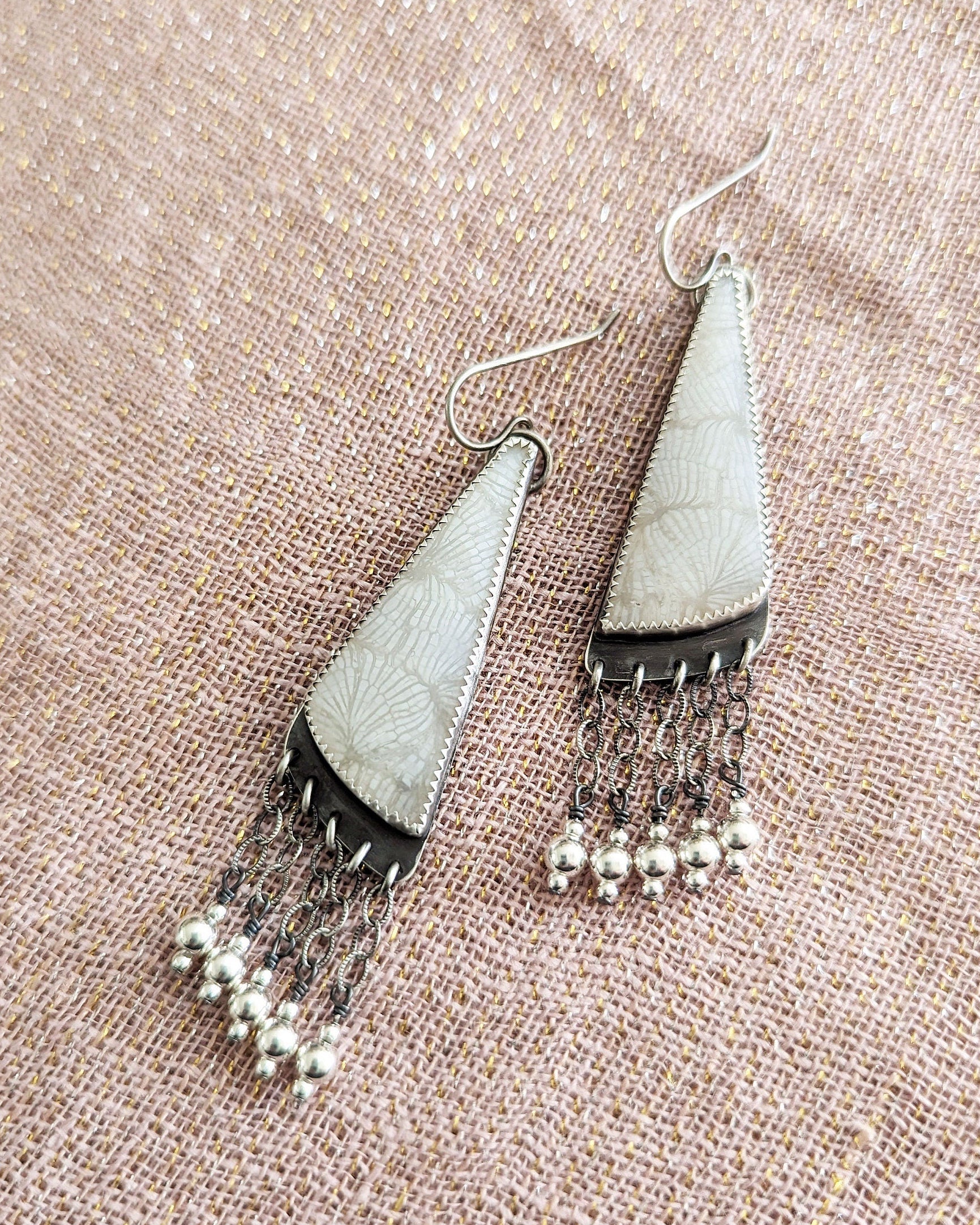 Minimalist coral stone earrings with sterling chain fringe