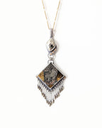 Mixed metal ammonite fossil pendant with square mosaic stone