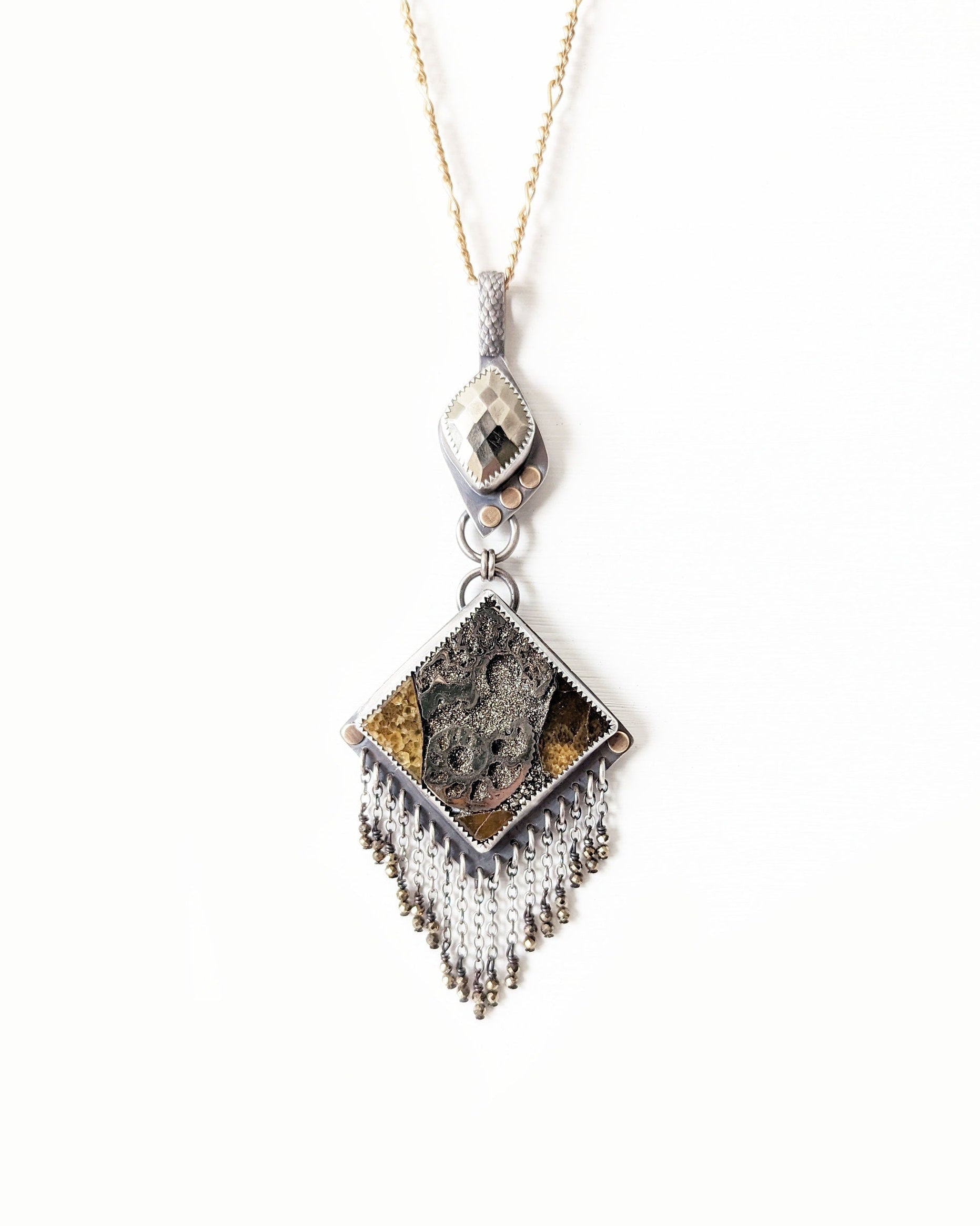 Mixed metal ammonite fossil pendant with square mosaic stone
