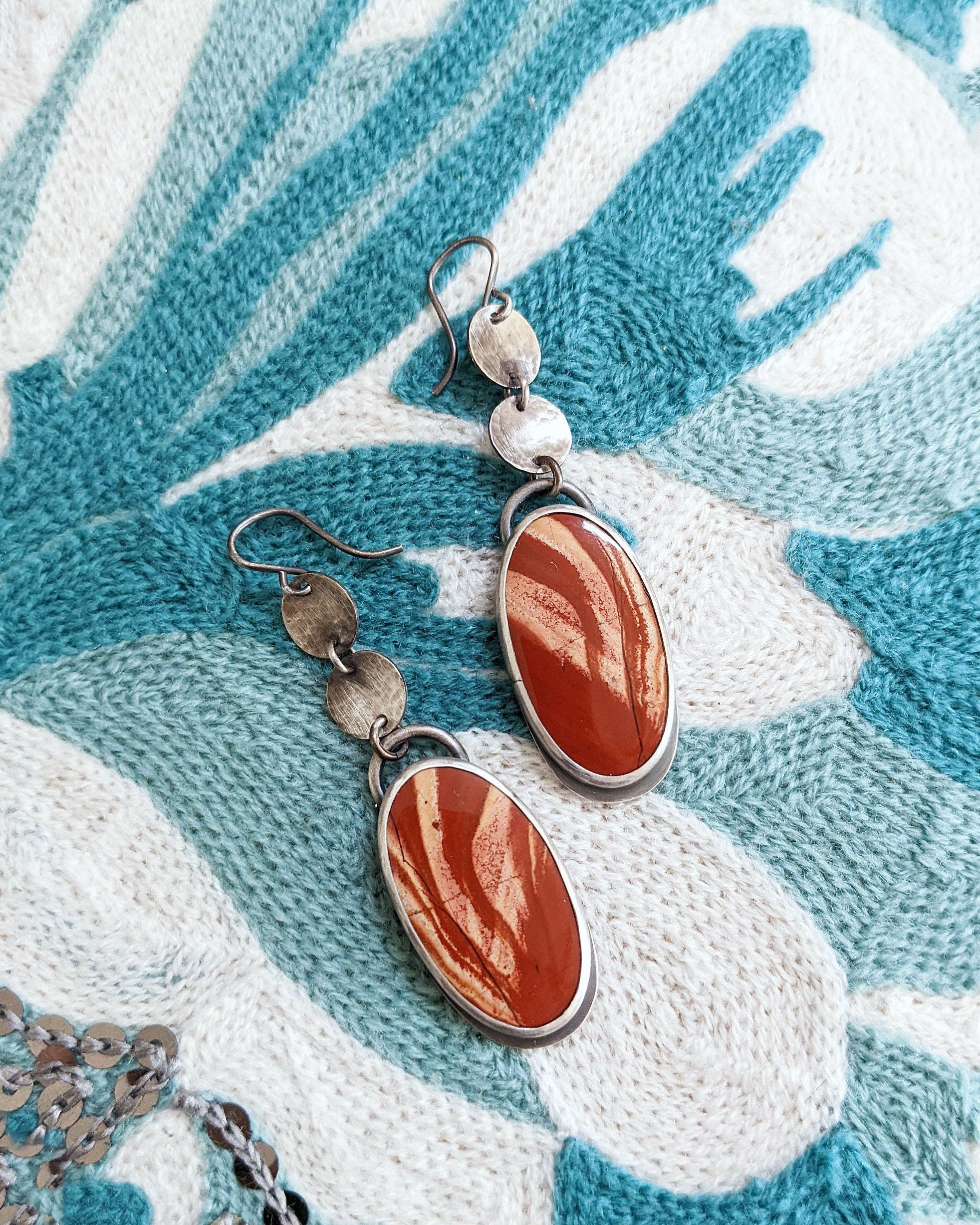 Hammered sterling silver disc earrings with natural jasper gemstones