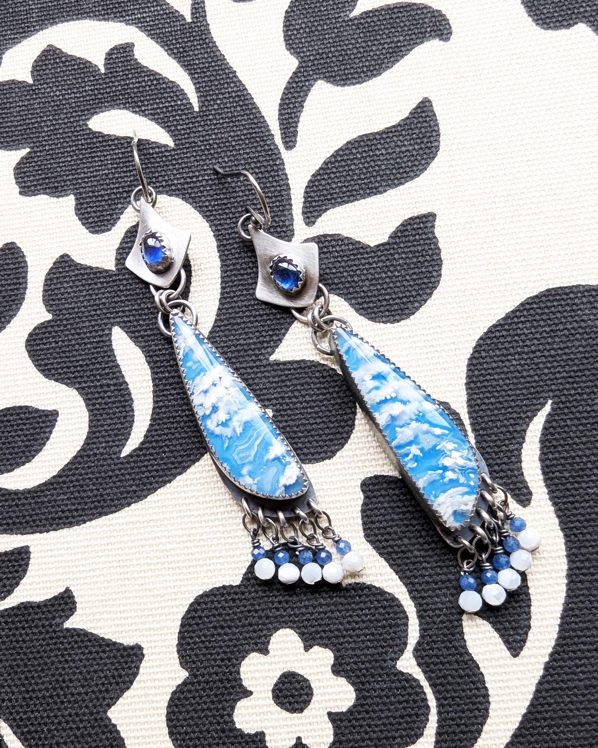 Sterling silver blue stone earrings with blue jade and mother of pearl bead fringe
