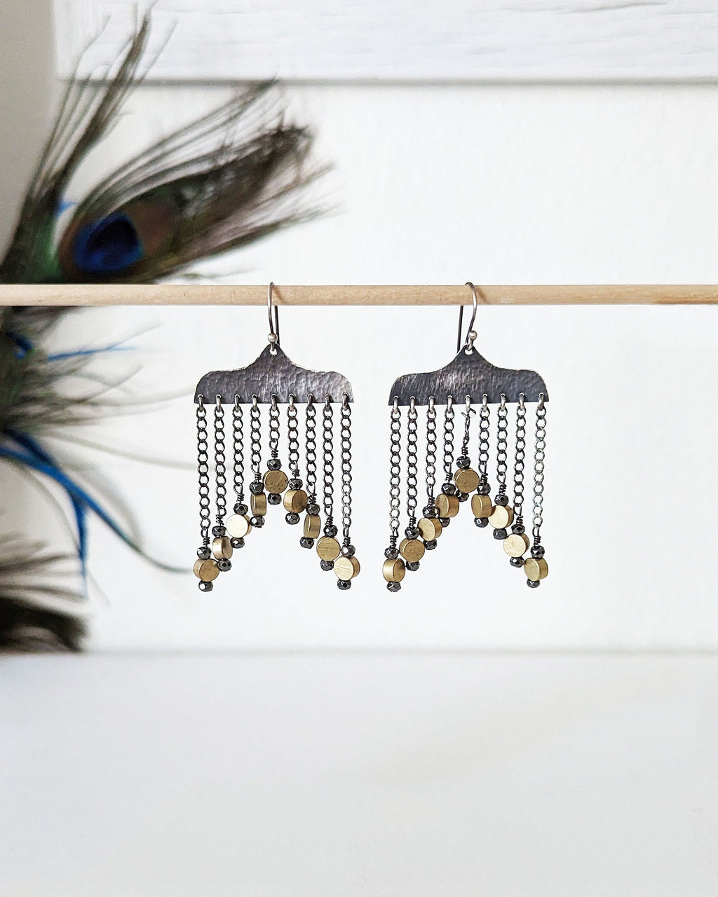 Hammered sterling silver statement earrings with inverted triangle fringe