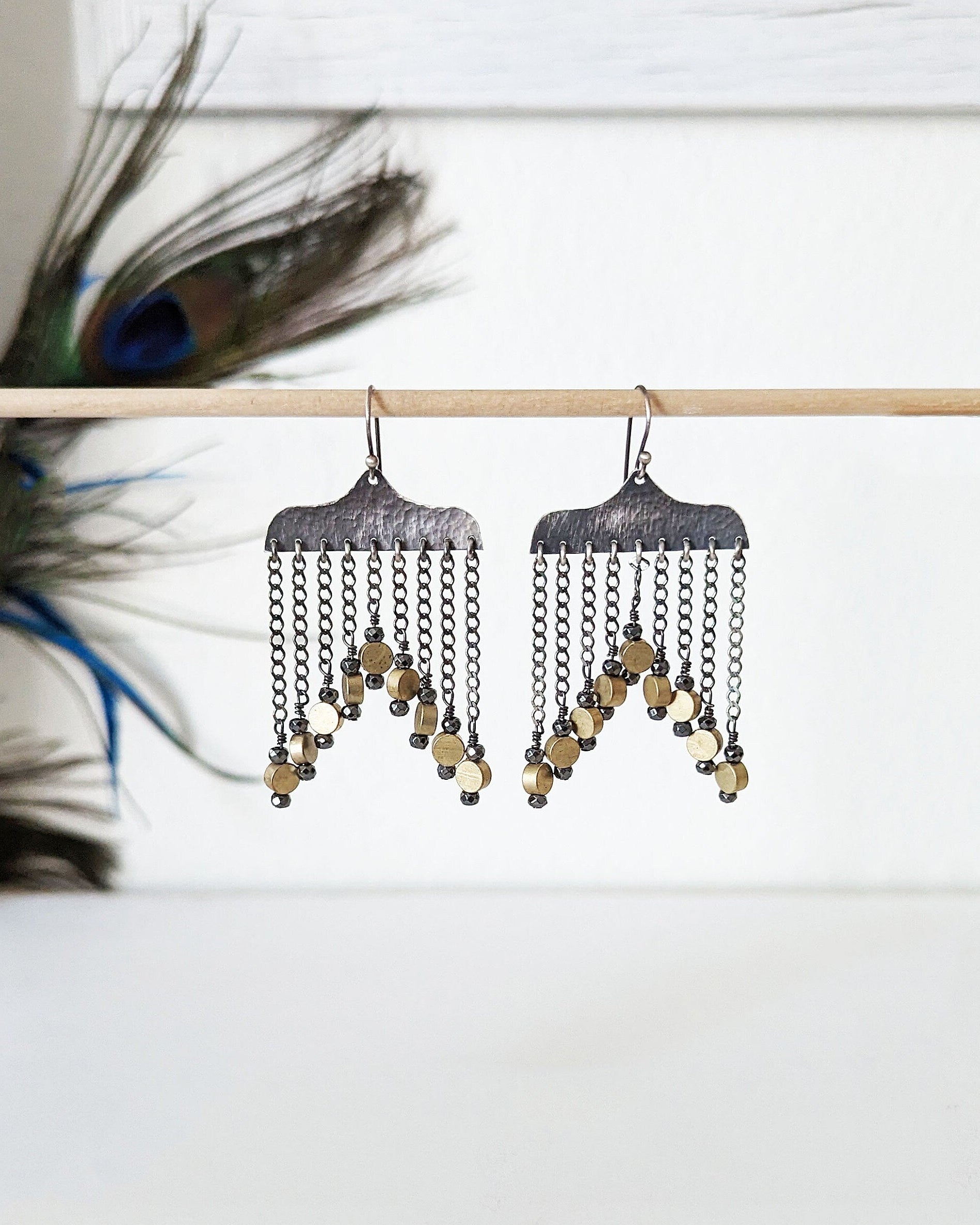 Hammered sterling silver statement earrings with inverted triangle fringe