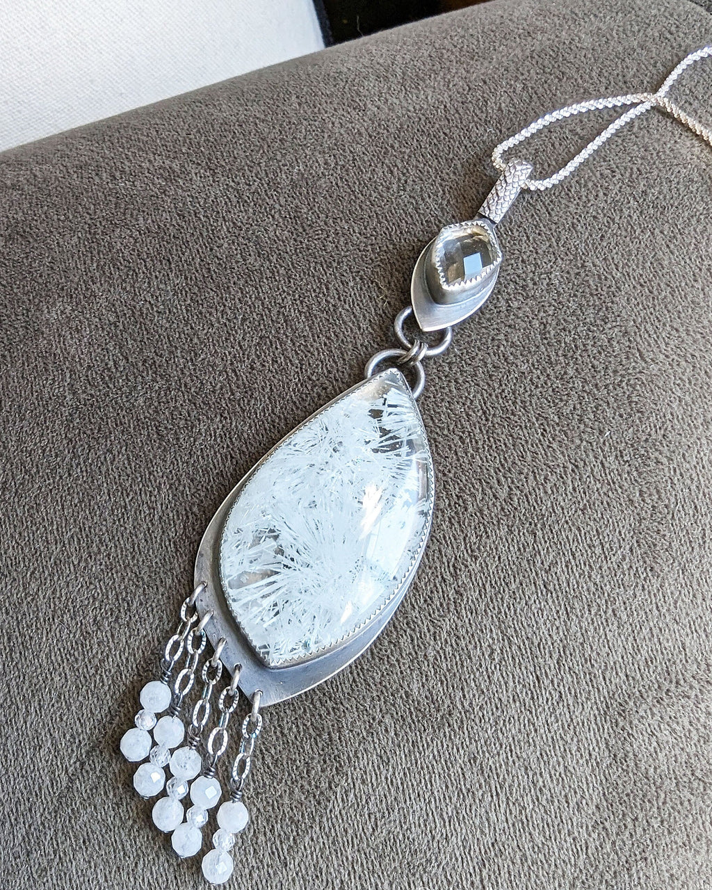 Modern boho quartz pendant with asymmetrical design and oxidized silver shown on chain (not included)