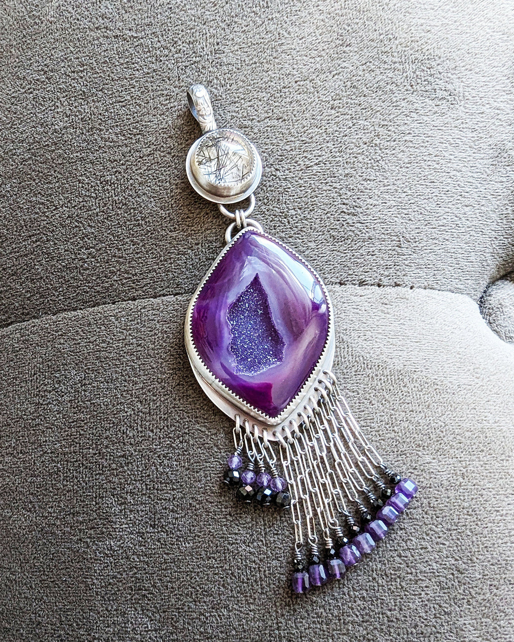 Bold boho luxe pendant with purple druzy, black tourmaline, and amethyst beads