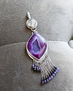 Bold boho luxe pendant with purple druzy, black tourmaline, and amethyst beads