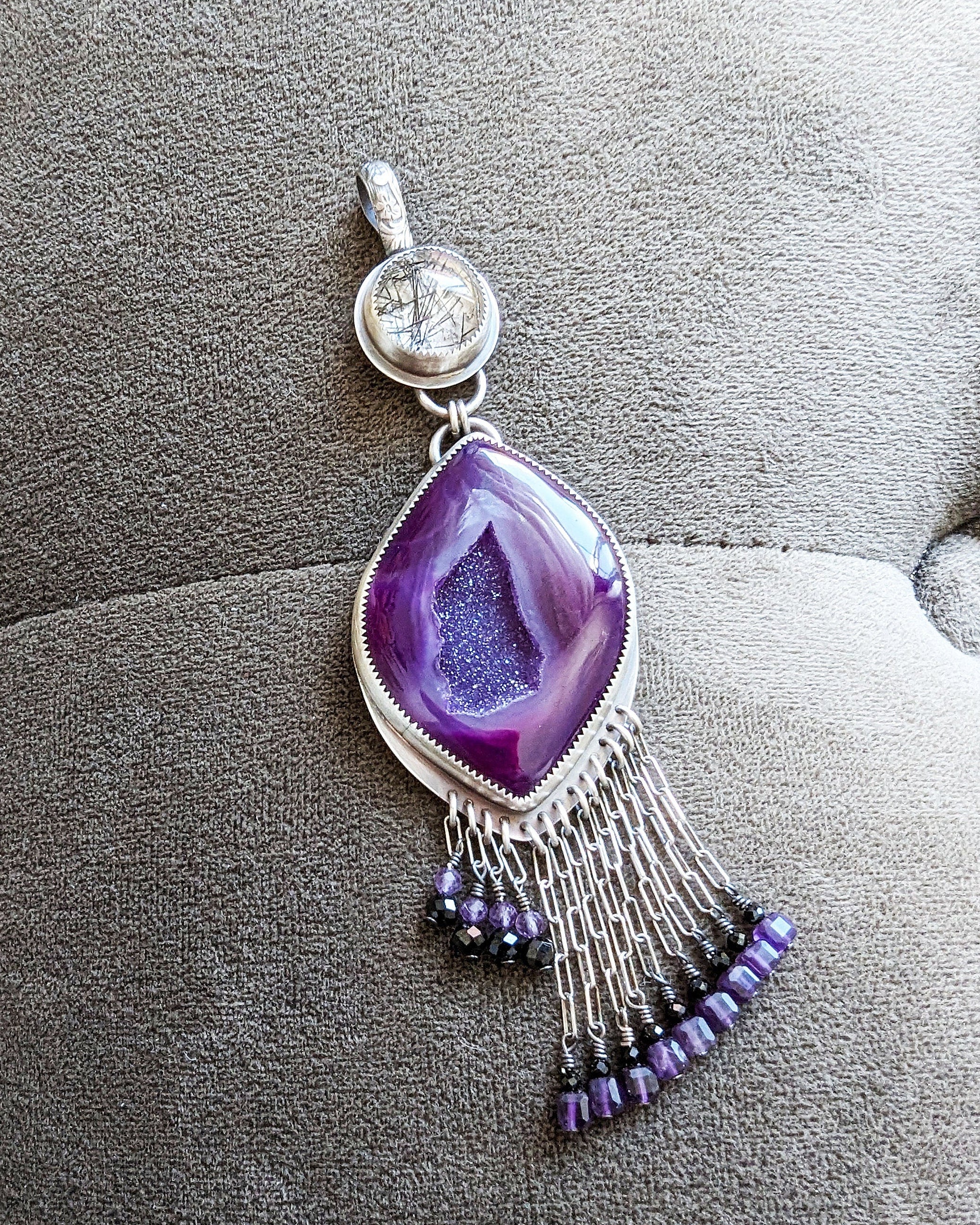 Bold boho luxe pendant with purple druzy, black tourmaline, and amethyst beads
