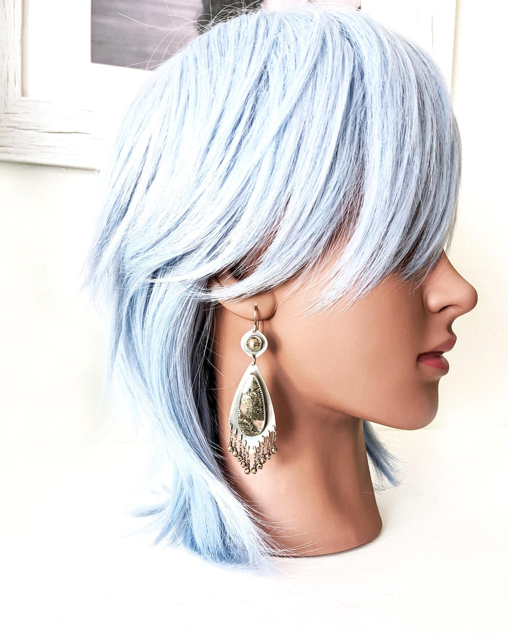 Artisan boho earrings with marcasite agate, pyrite sparkle, and silver fringe on a mannequin for scale