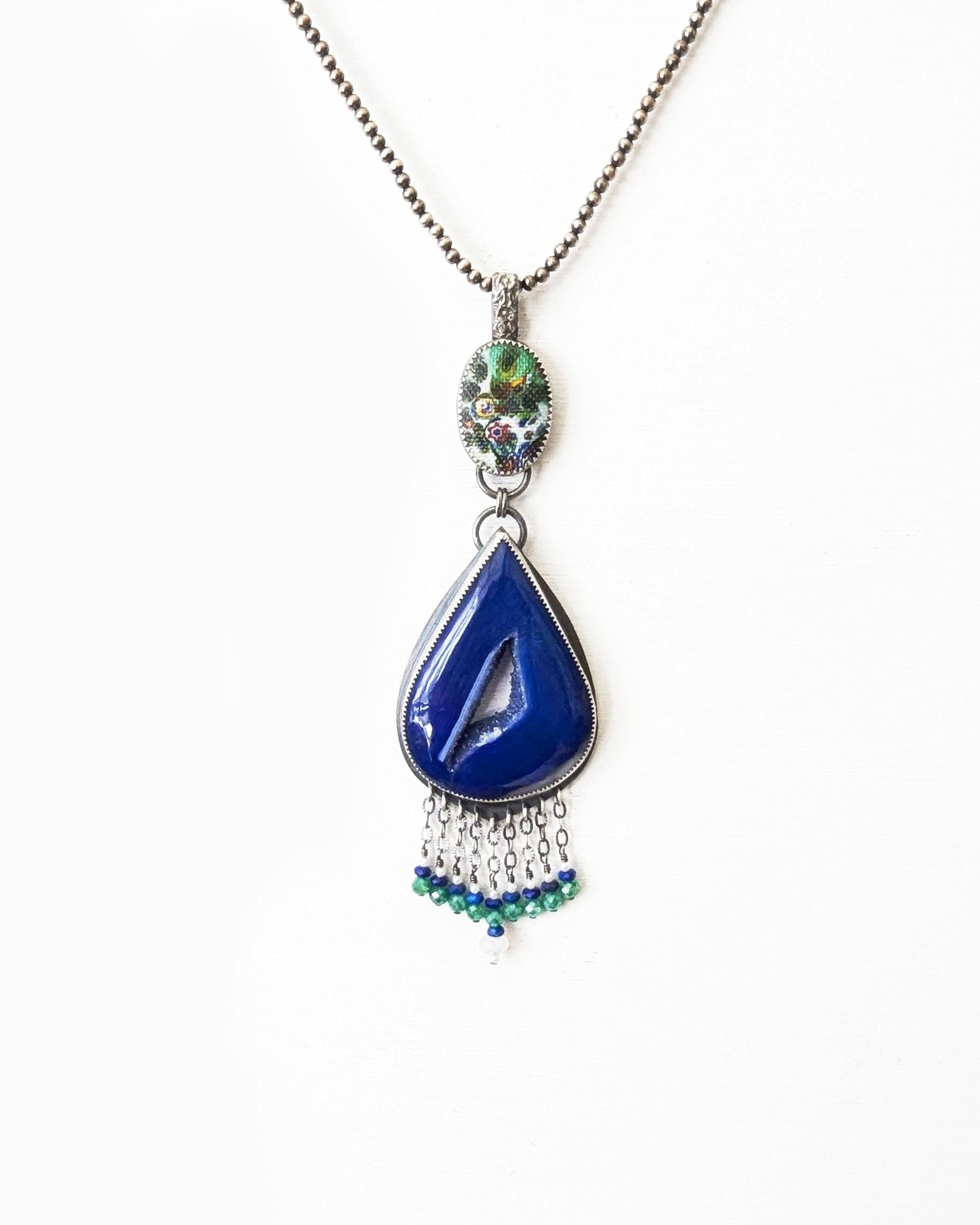 Colorful druzy agate necklace with lapis moonstone and CZ accents shown on chain (not included)