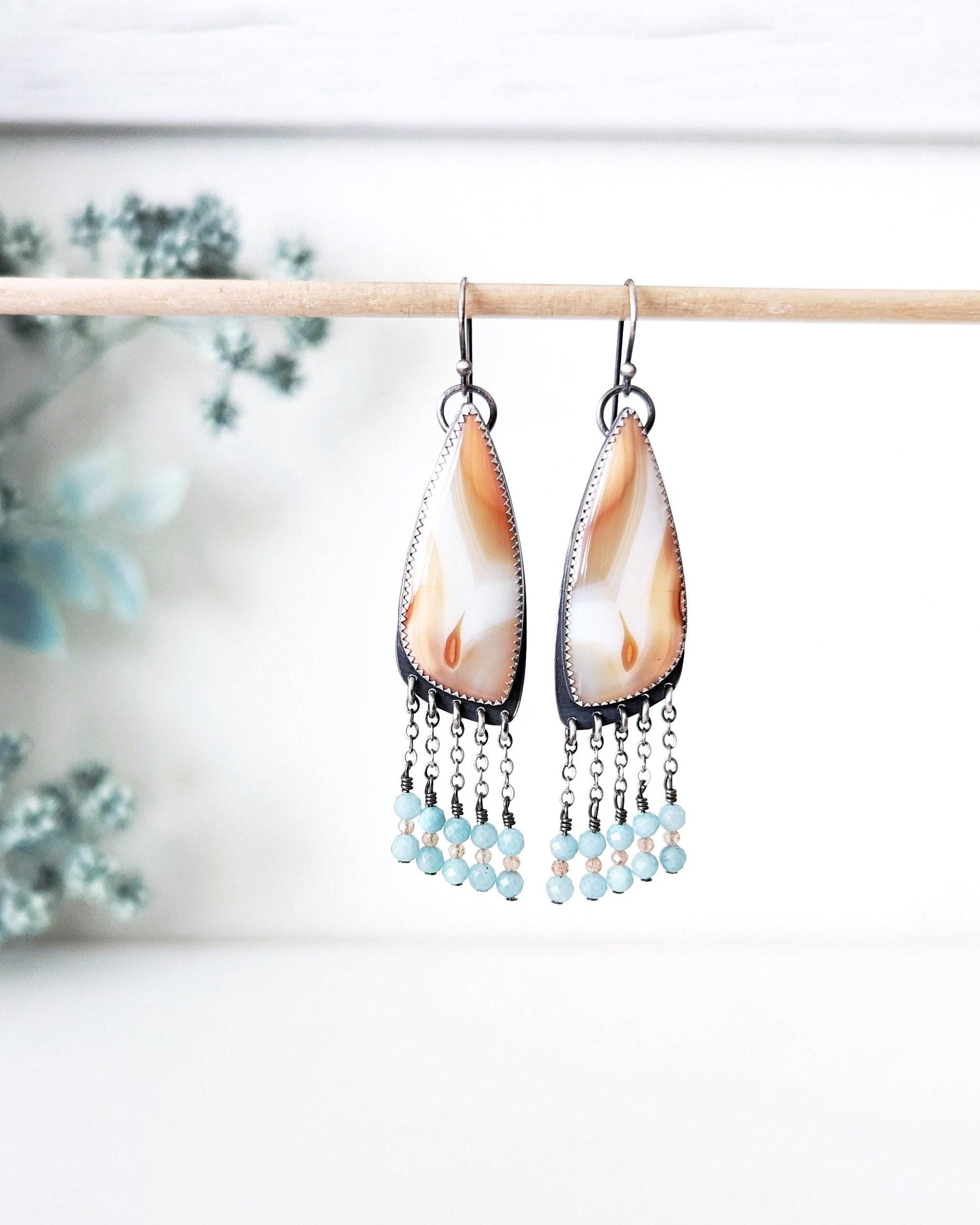 Orange and white agate earrings in oxidized sterling silver