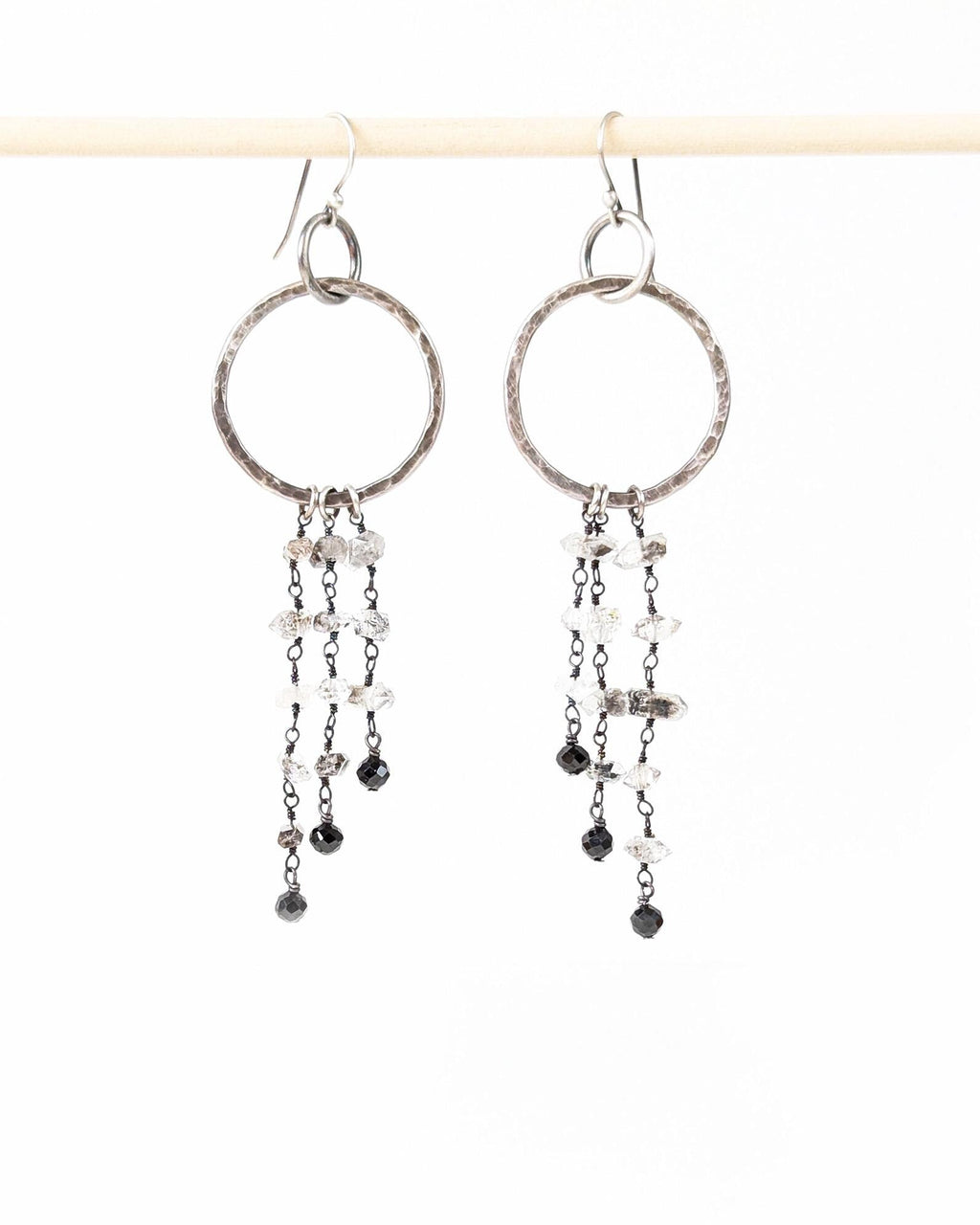 Herkimer diamond fringe earrings with oxidized sterling silver asymmetrical hoops
