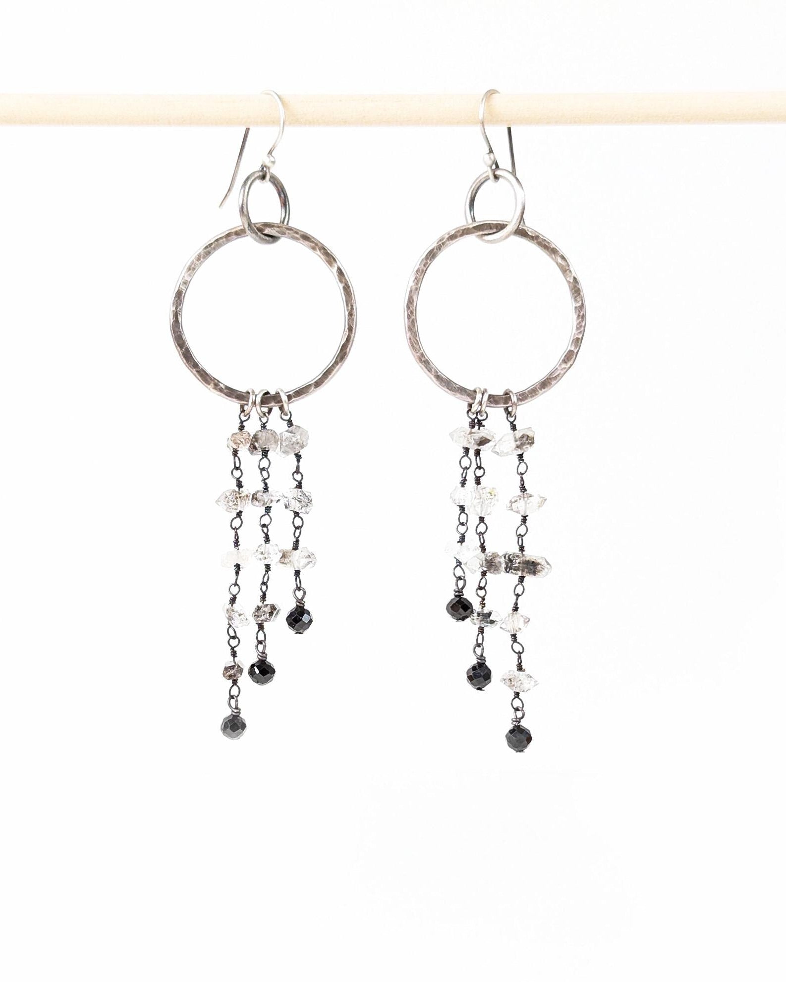 Herkimer diamond fringe earrings with oxidized sterling silver asymmetrical hoops
