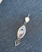 Druzy flower agate pendant with oxidized sterling silver and pearly thomsonite bail and druzy window
