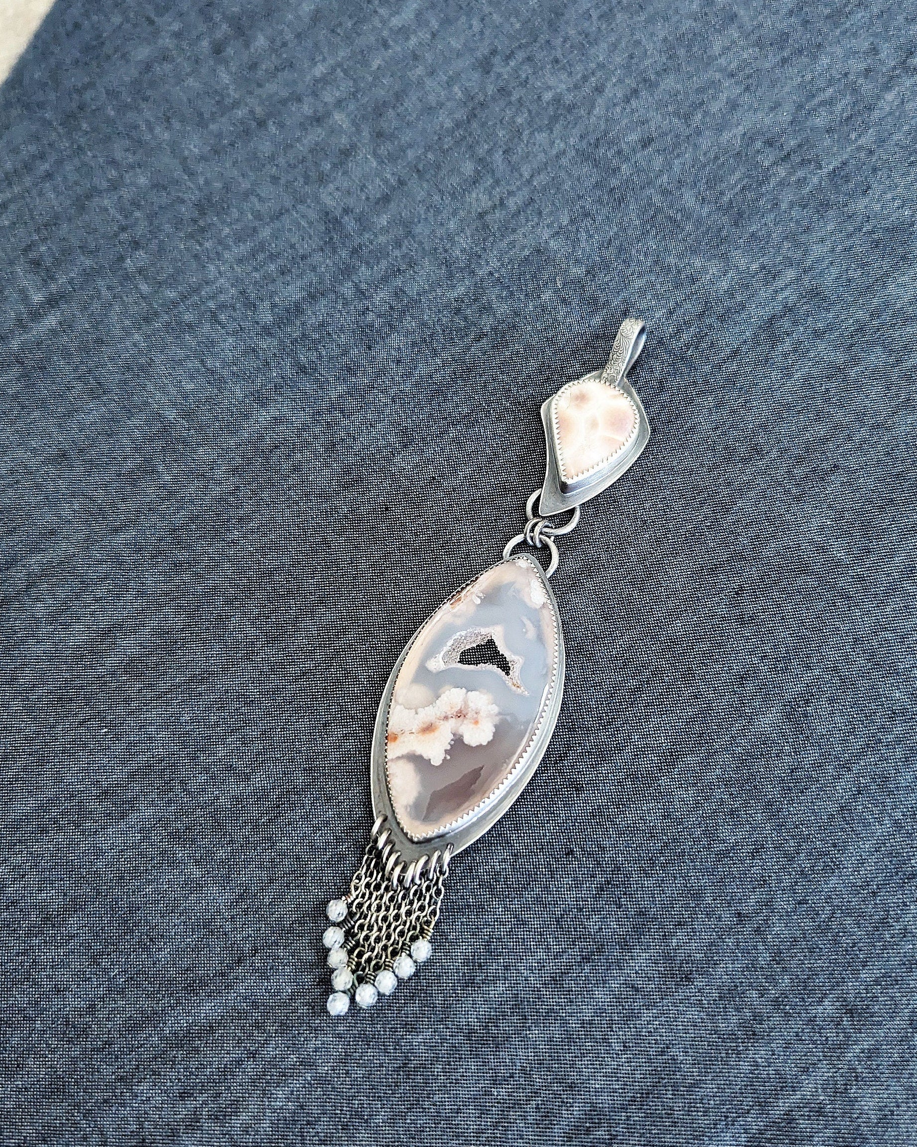 Druzy flower agate pendant with oxidized sterling silver and pearly thomsonite bail and druzy window
