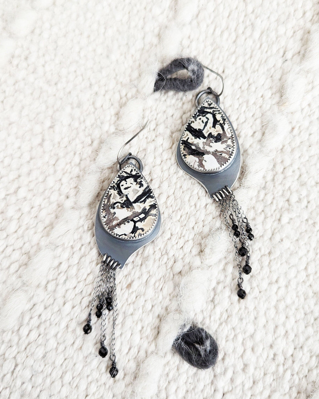 Asymmetrical oxidized sterling silver curve drop earrings