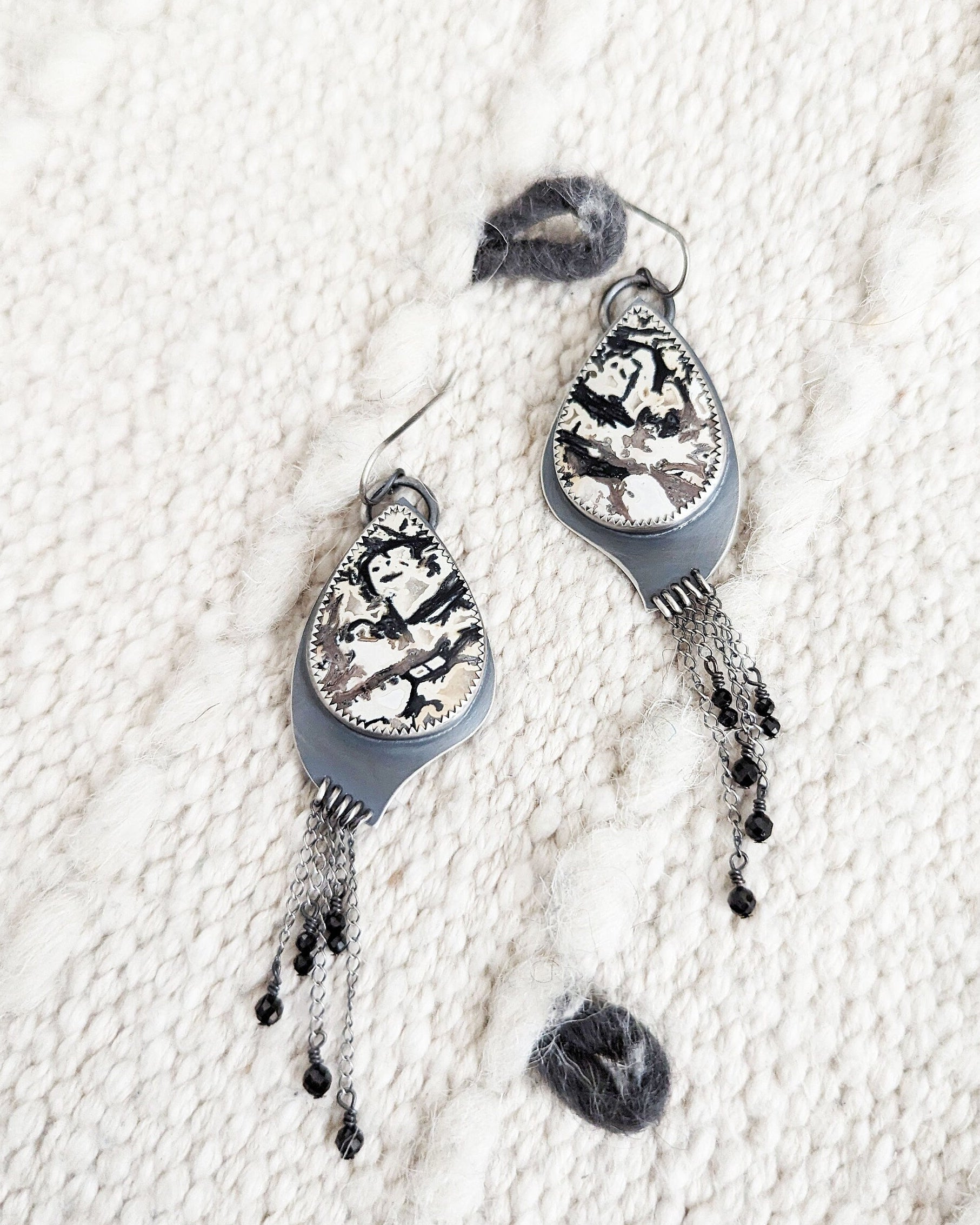 Asymmetrical oxidized sterling silver curve drop earrings