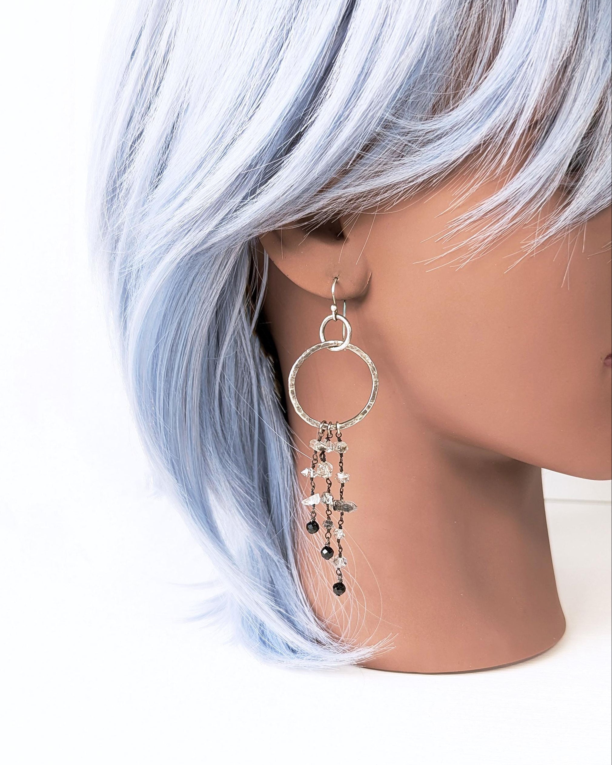 Herkimer diamond hoop earrings worn on mannequin to show length and lightweight movement
