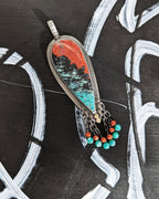 Sonoran jasper pendant in oxidized sterling silver with coral and amazonite bead fringe
