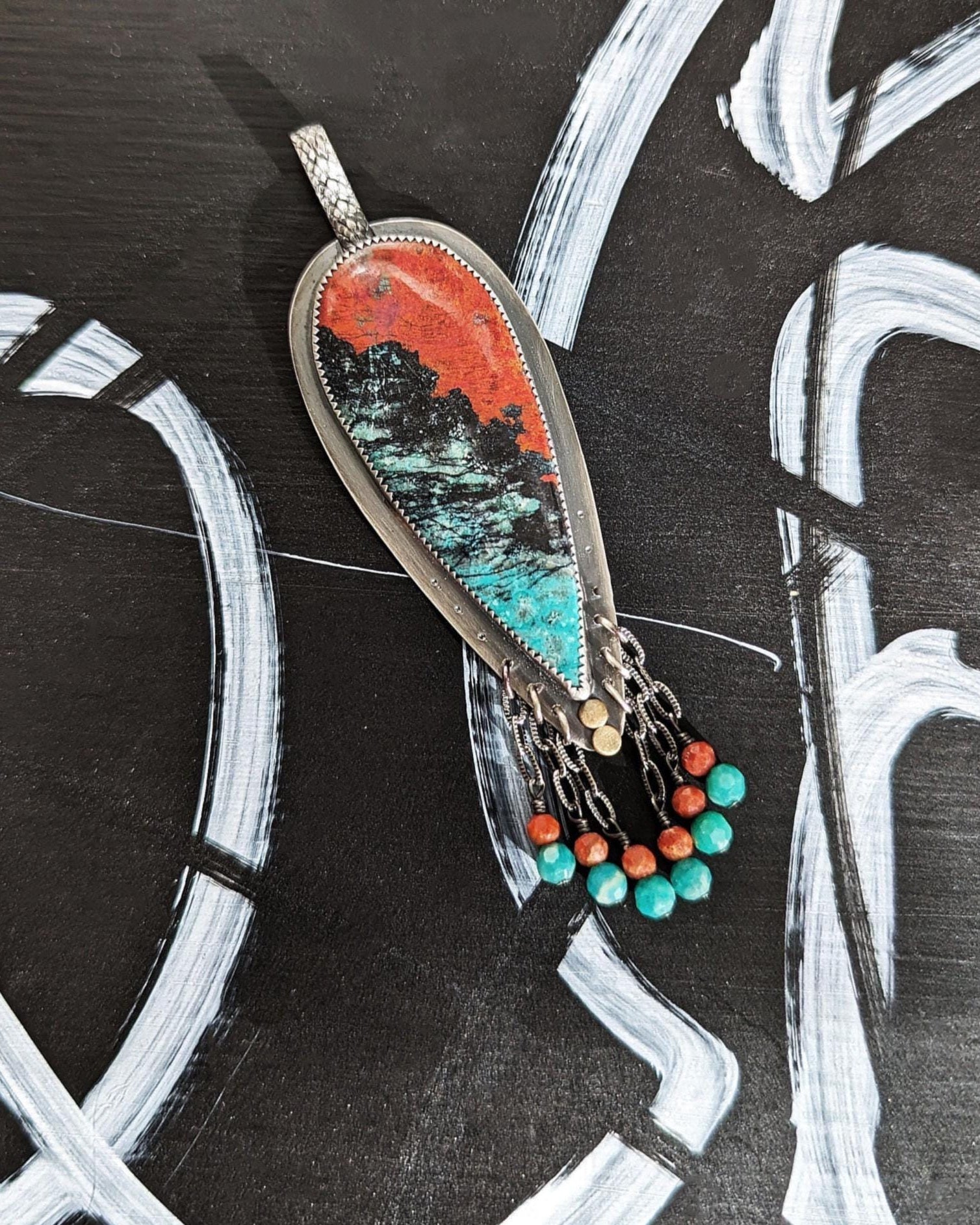 Sonoran jasper pendant in oxidized sterling silver with coral and amazonite bead fringe
