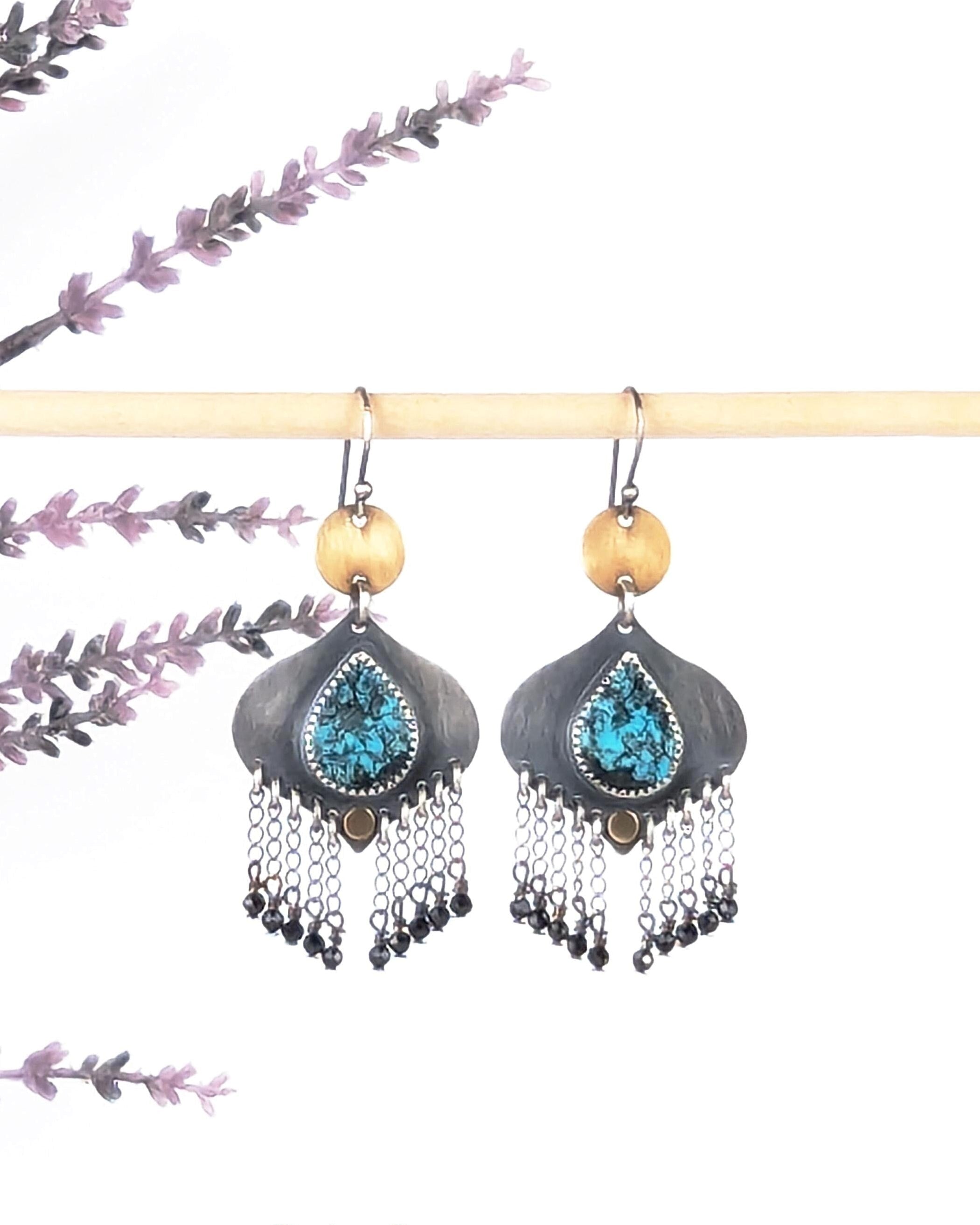 Mixed metal turquoise earrings with brass coin drops and oxidized silver