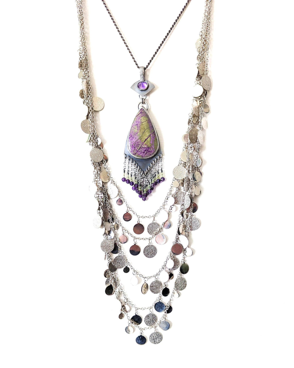 Inverted rose cut amethyst bail above pear-shaped stichtite stone shown with layering necklace and on chain (not included)