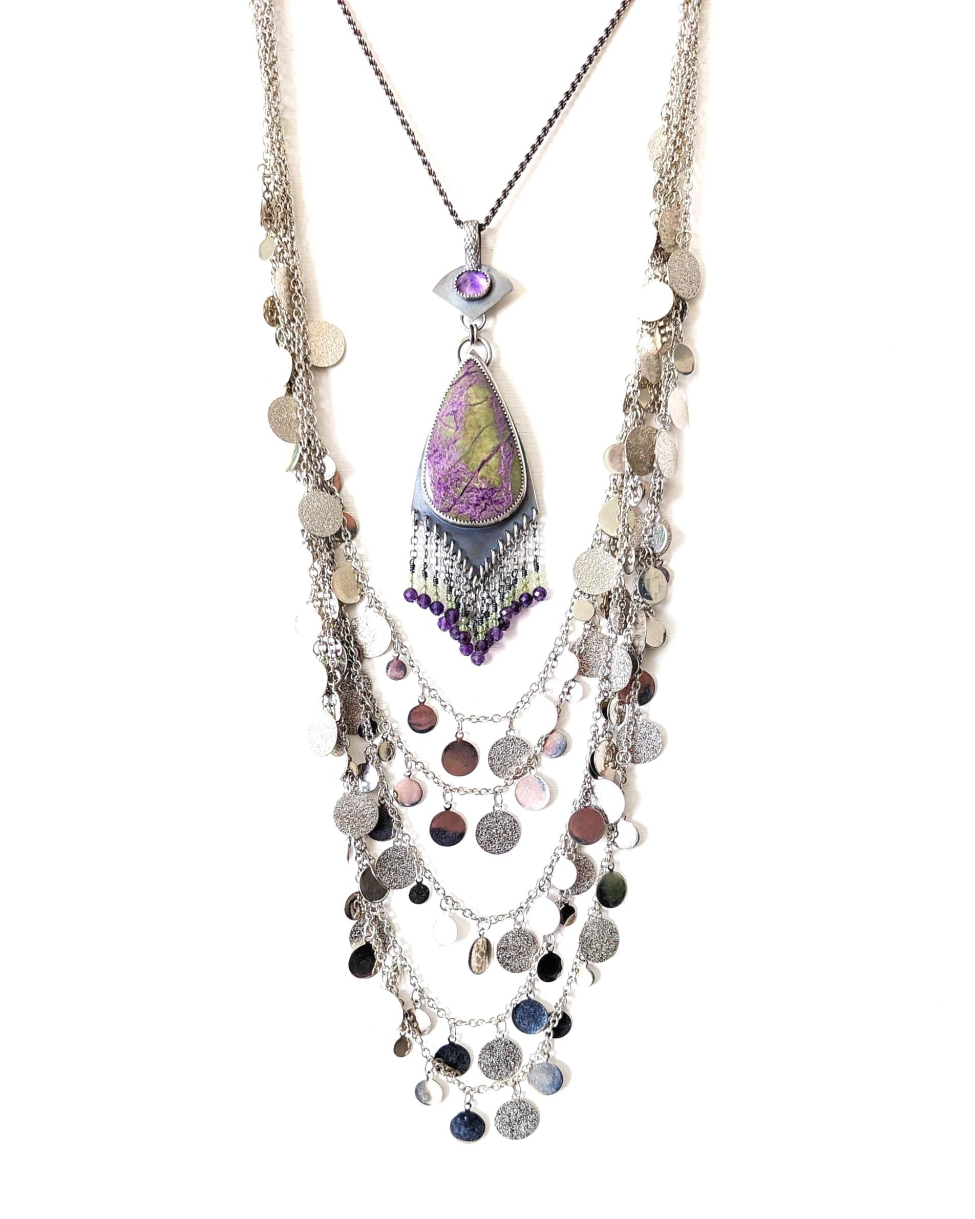Inverted rose cut amethyst bail above pear-shaped stichtite stone shown with layering necklace and on chain (not included)