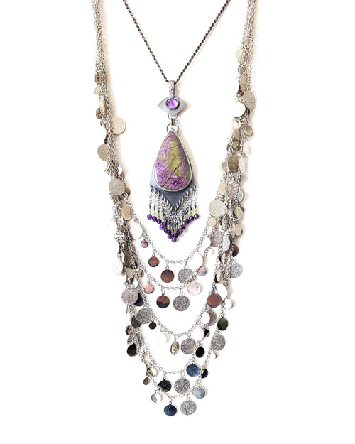 Inverted rose cut amethyst bail above pear-shaped stichtite stone shown with layering necklace and on chain (not included)