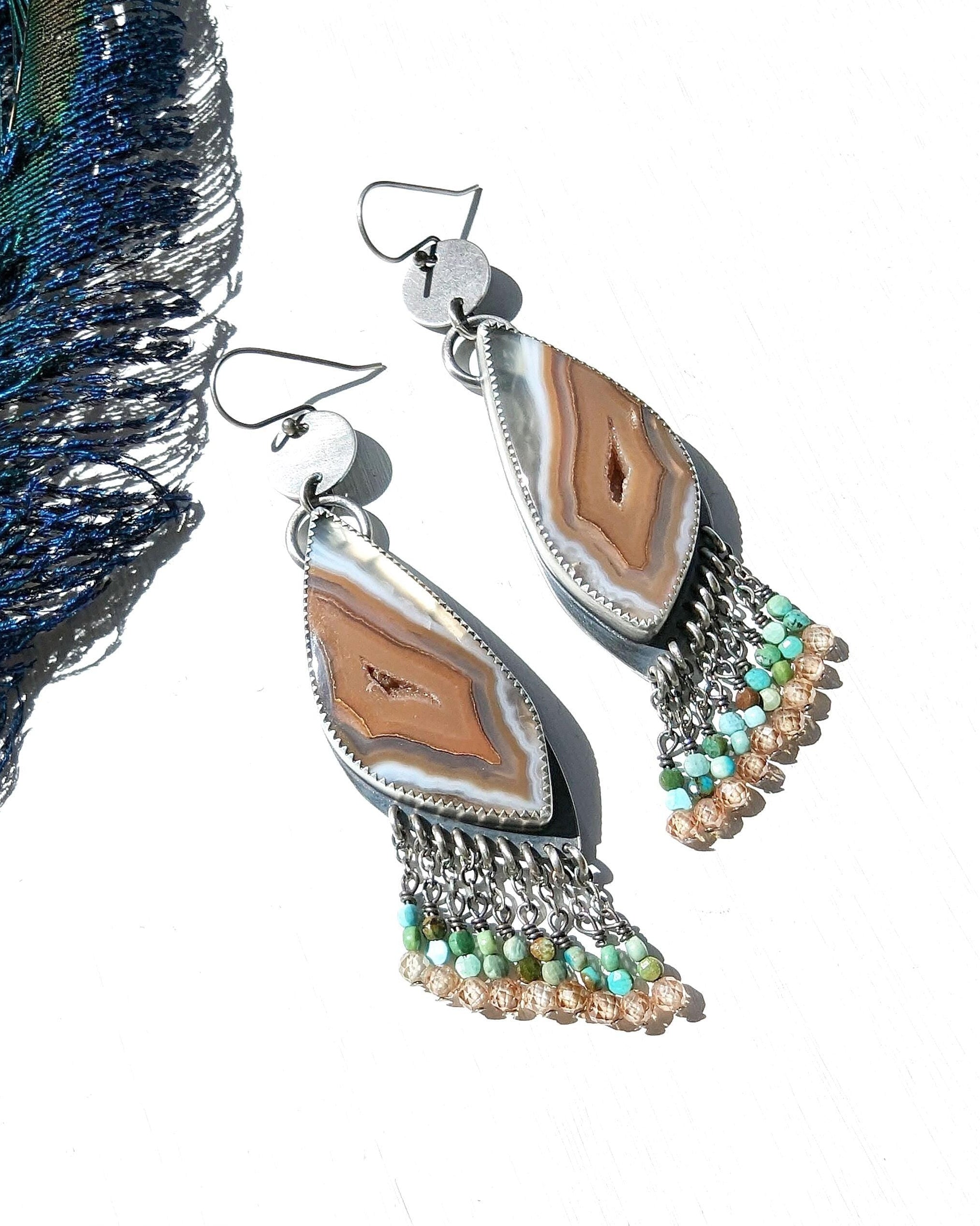Natural druzy agate drop earrings with turquoise bead accents