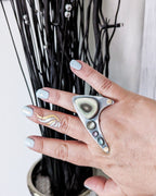 Boho statement ring with pastel imperial jasper and brass accents on hand to show size