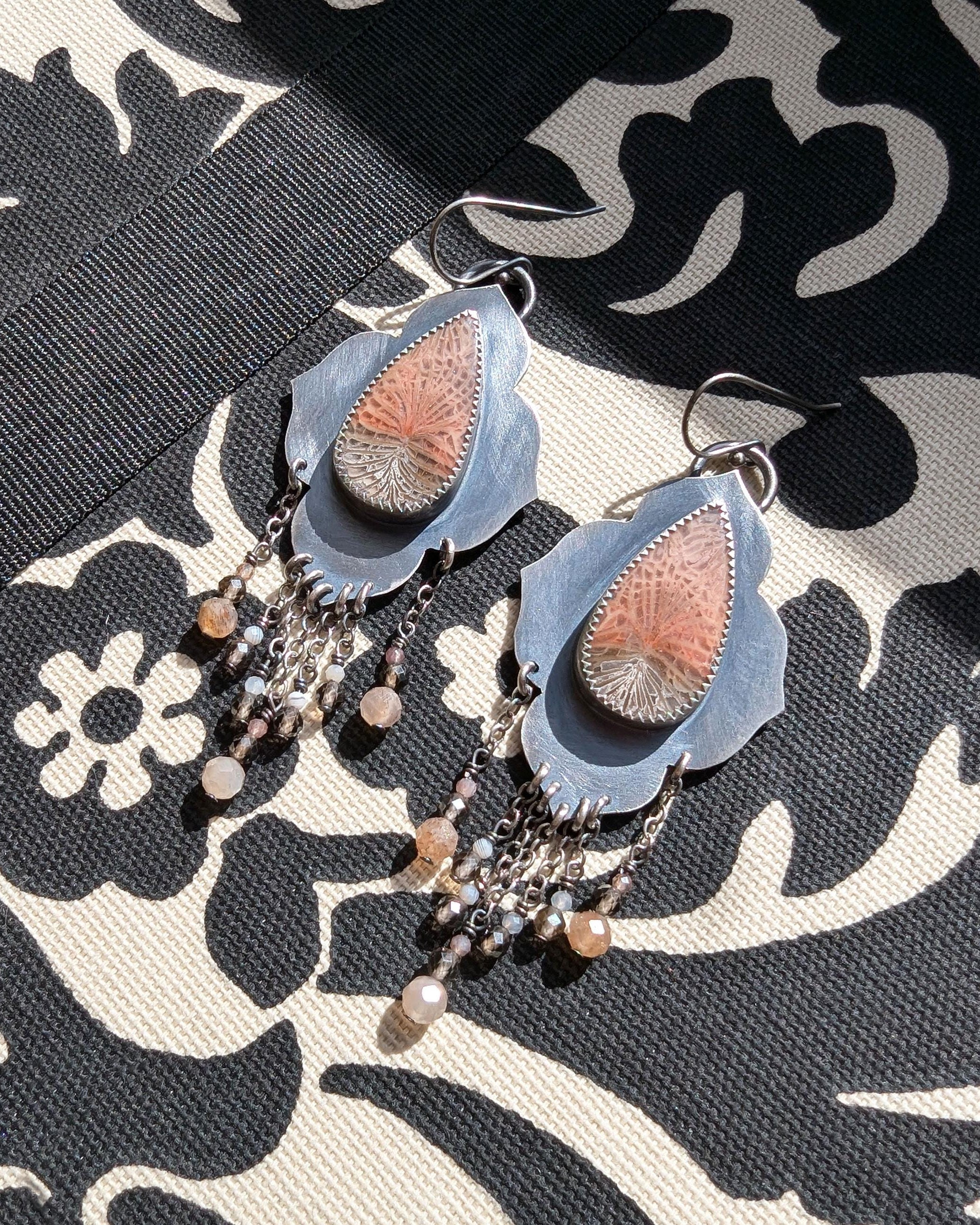 Mauve taupe fossil coral earrings with gemstone fringe