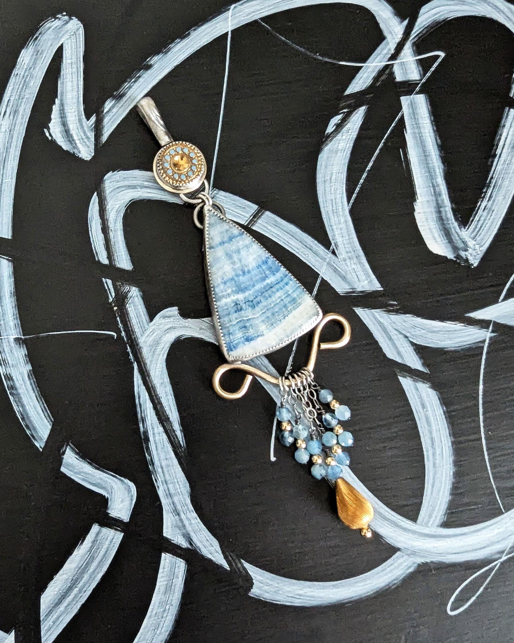 Vintage 1950s blue and gold glass cabochon bail accent