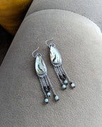 Aqua reclaimed glass teardrop earrings with oxidized sterling silver chain apatite bead fringe
