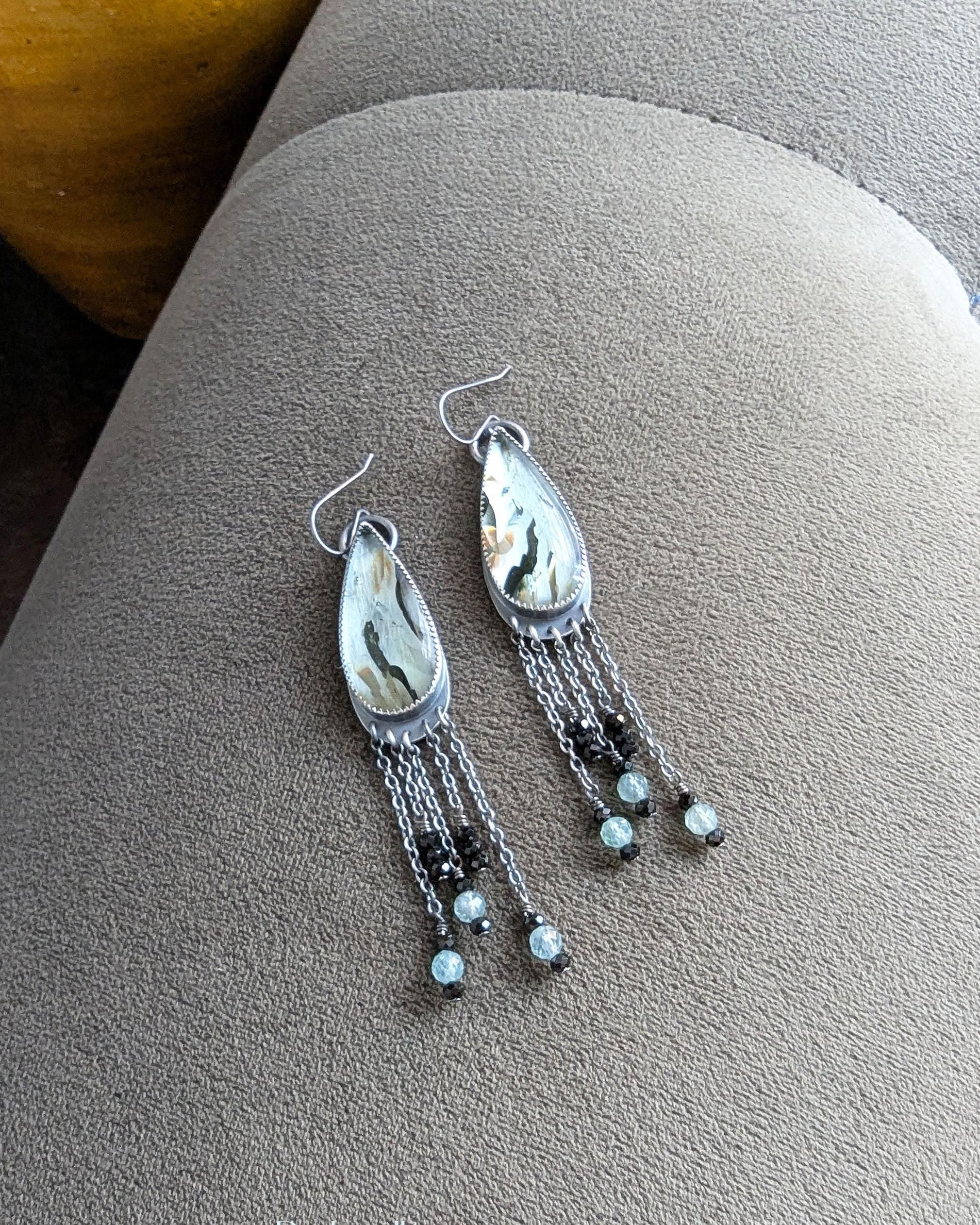Aqua reclaimed glass teardrop earrings with oxidized sterling silver chain apatite bead fringe
