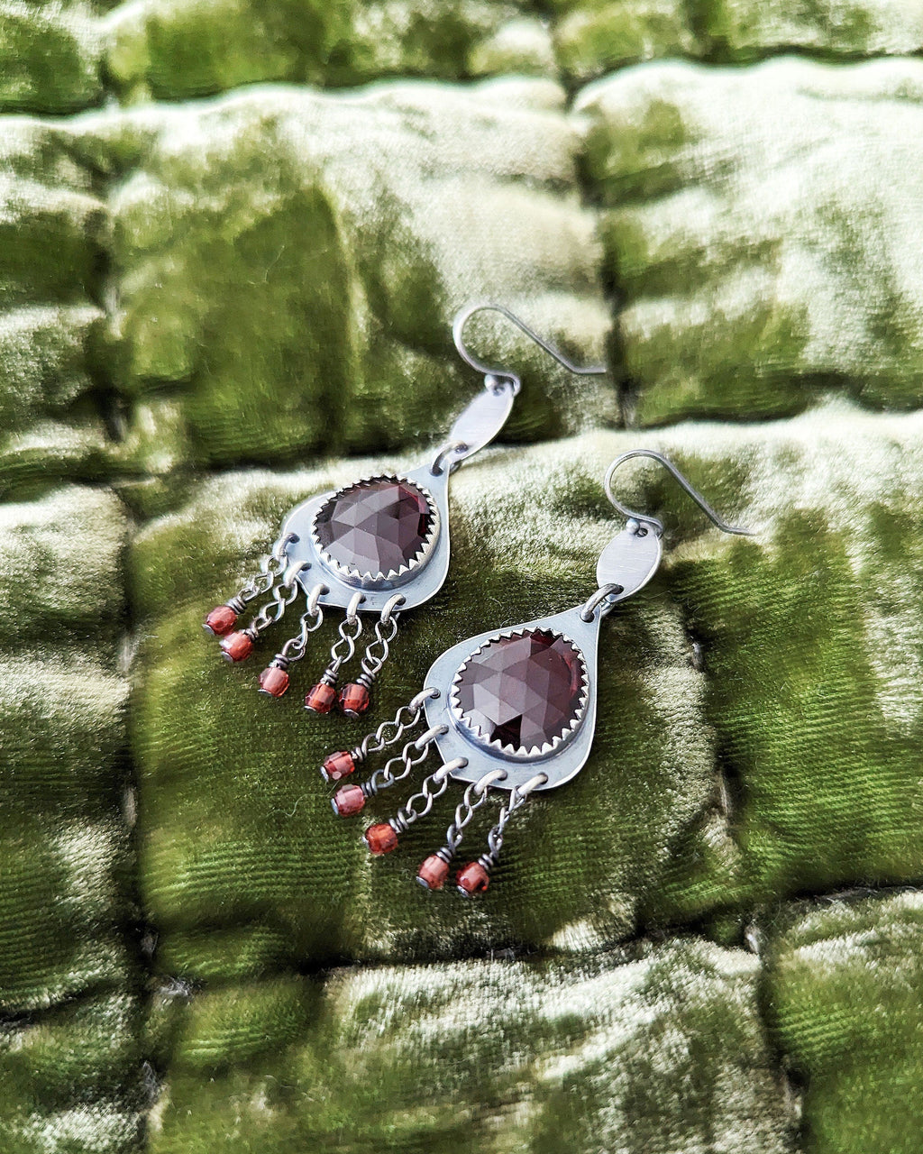 January birthstone garnet statement earrings with chain fringe