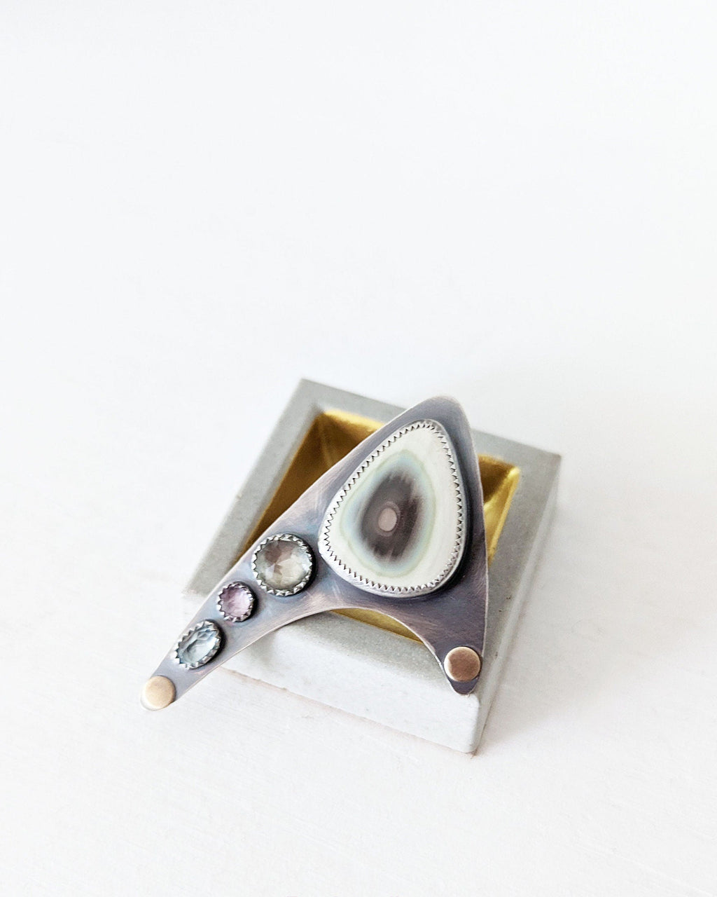 Wide band artisan ring with imperial jasper amethyst quartz and topaz