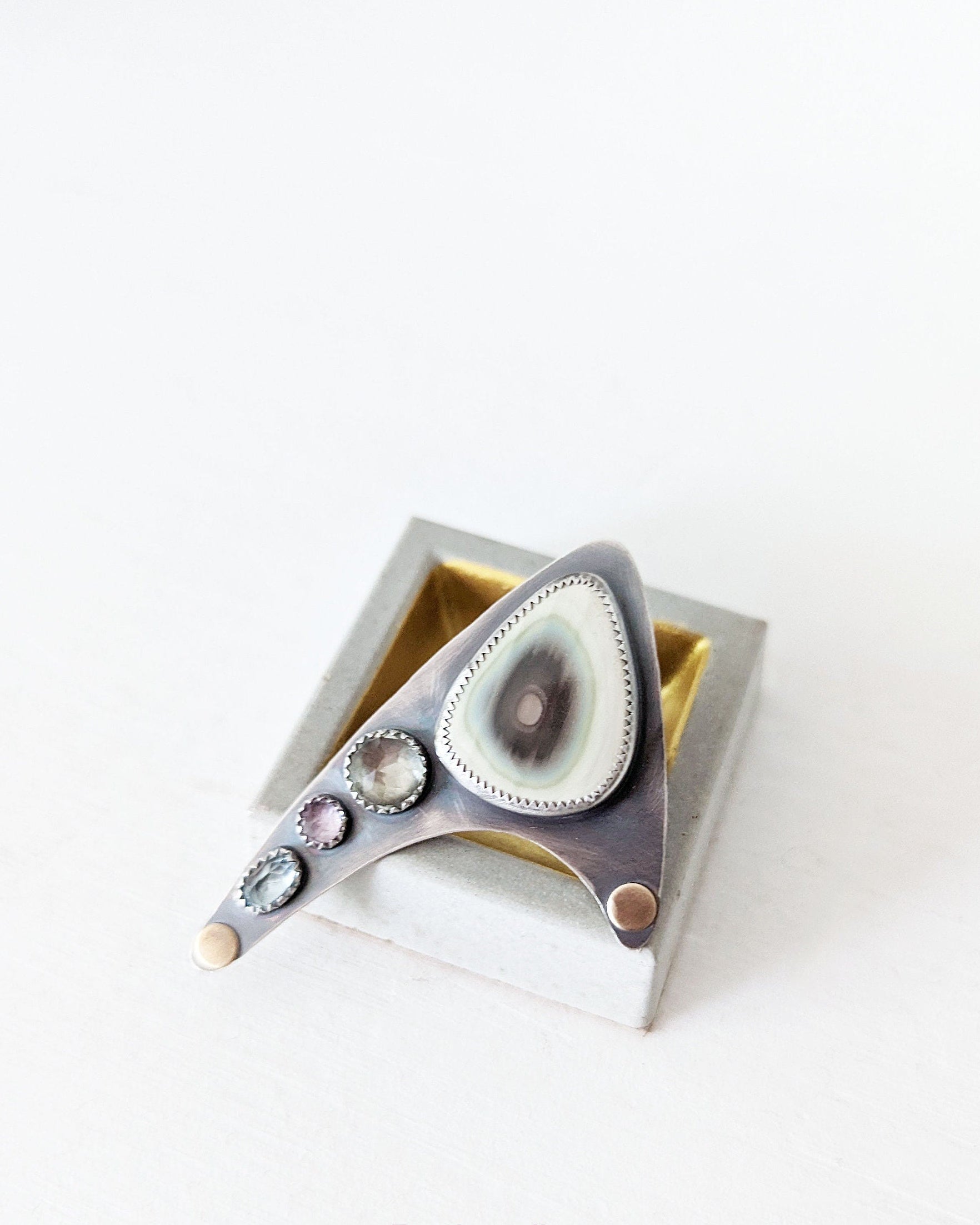 Wide band artisan ring with imperial jasper amethyst quartz and topaz