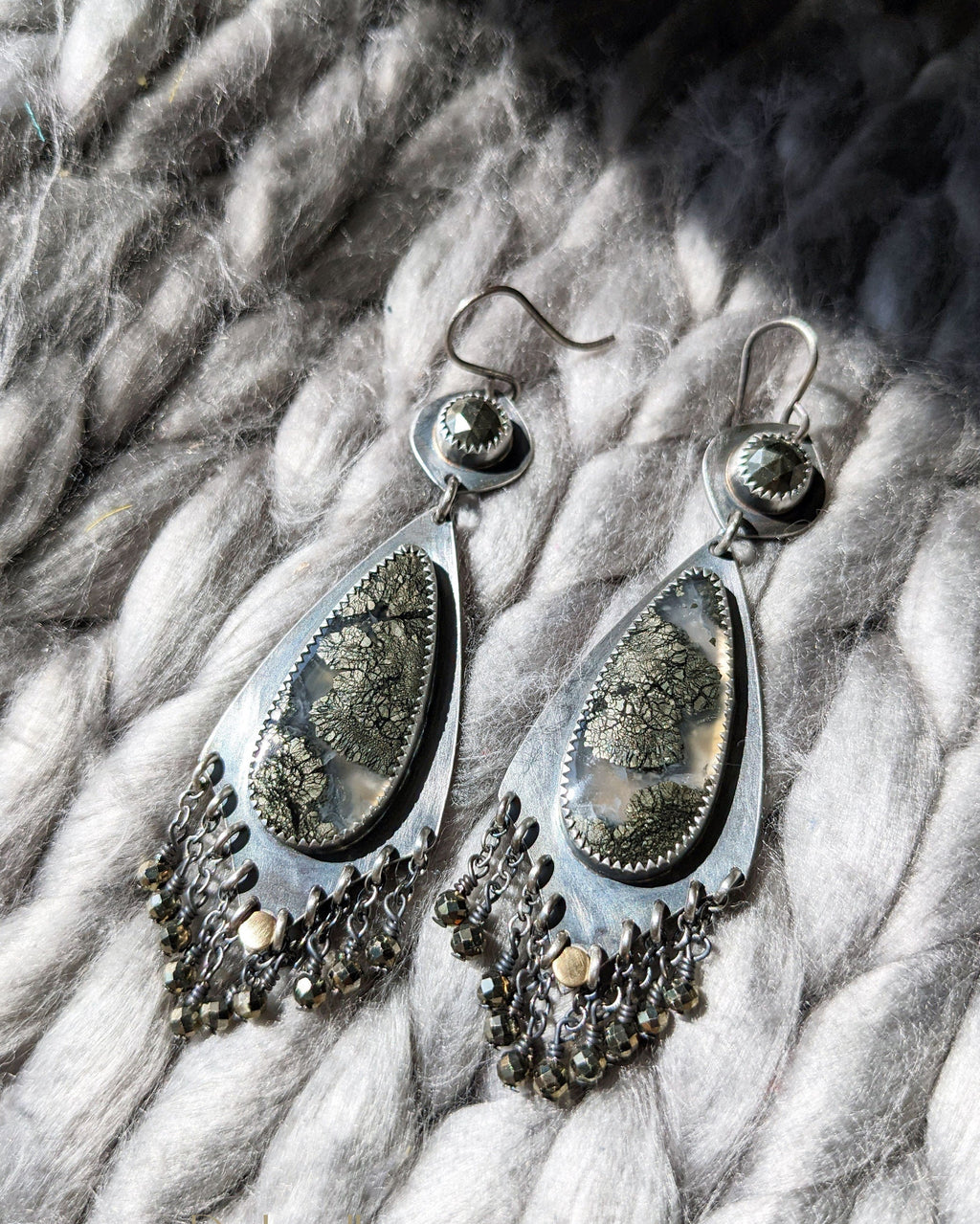 Statement fringe earrings featuring pear shaped agate with marcasite inclusions