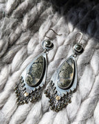 Statement fringe earrings featuring pear shaped agate with marcasite inclusions