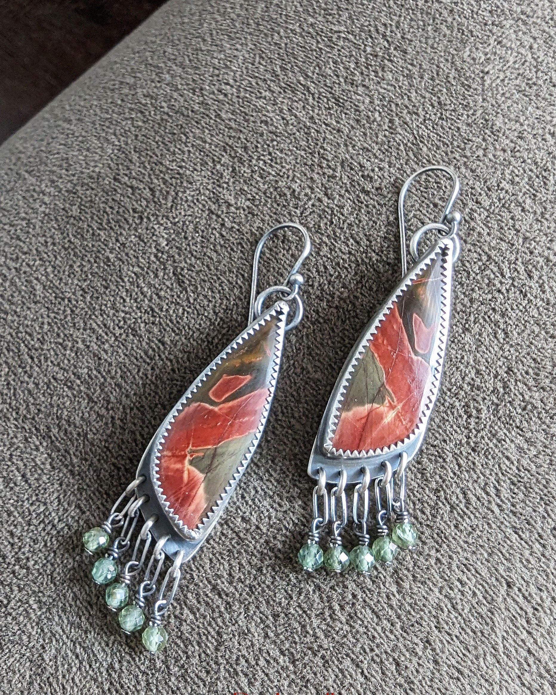 Asymmetrical Red Creek jasper artisan earrings