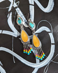 Turquoise and golden calcite statement earrings in oxidized sterling silver