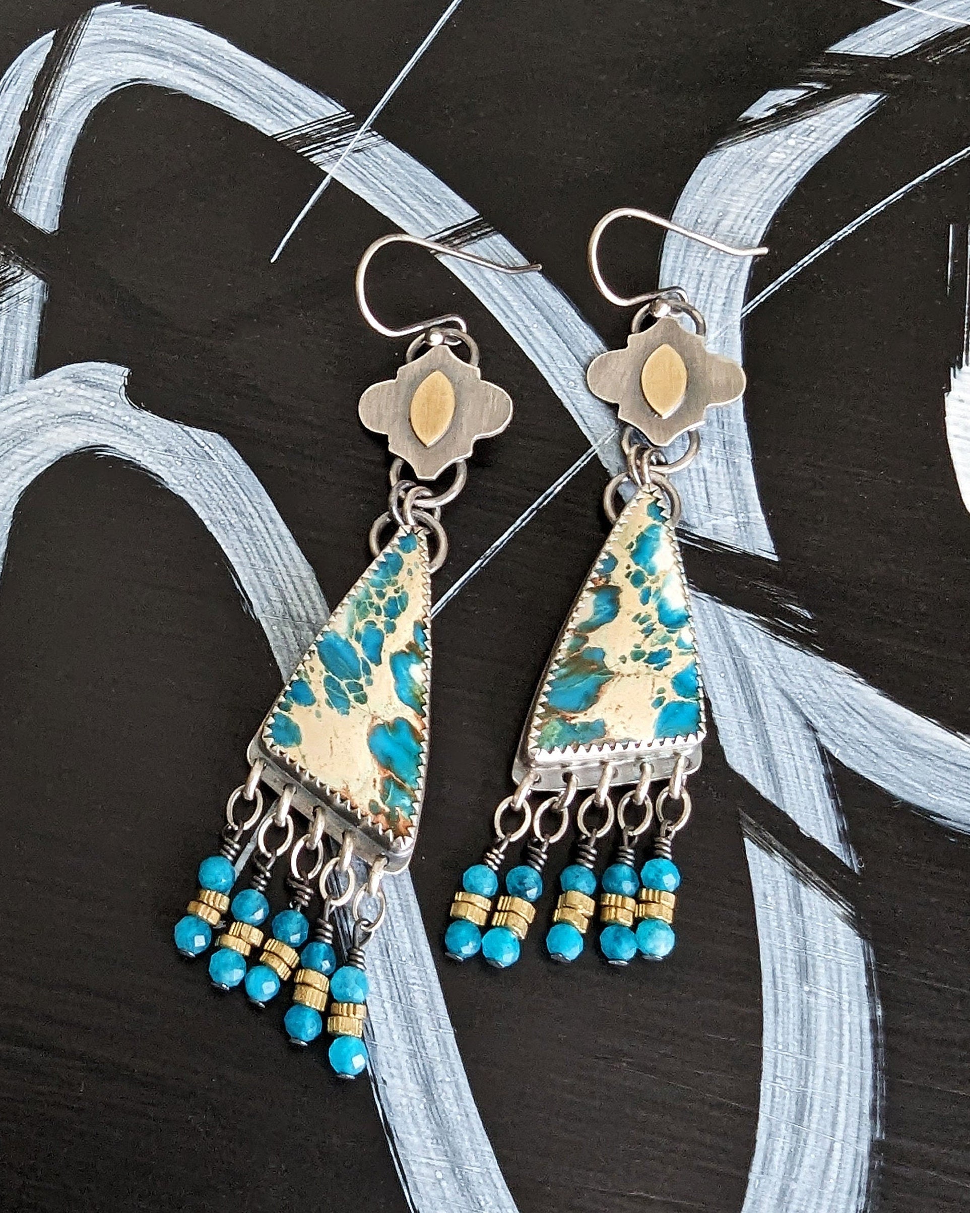 Mixed-metal statement earrings with textured brass heishi beads