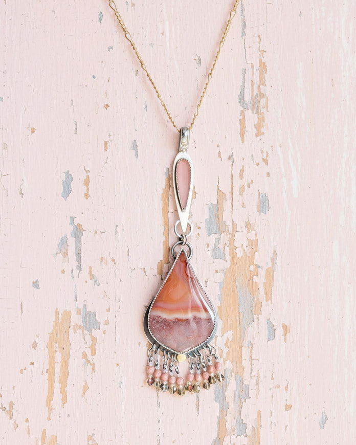 Mixed metal brass and silver necklace with mauve leaf-shaped agate on chain (not included)